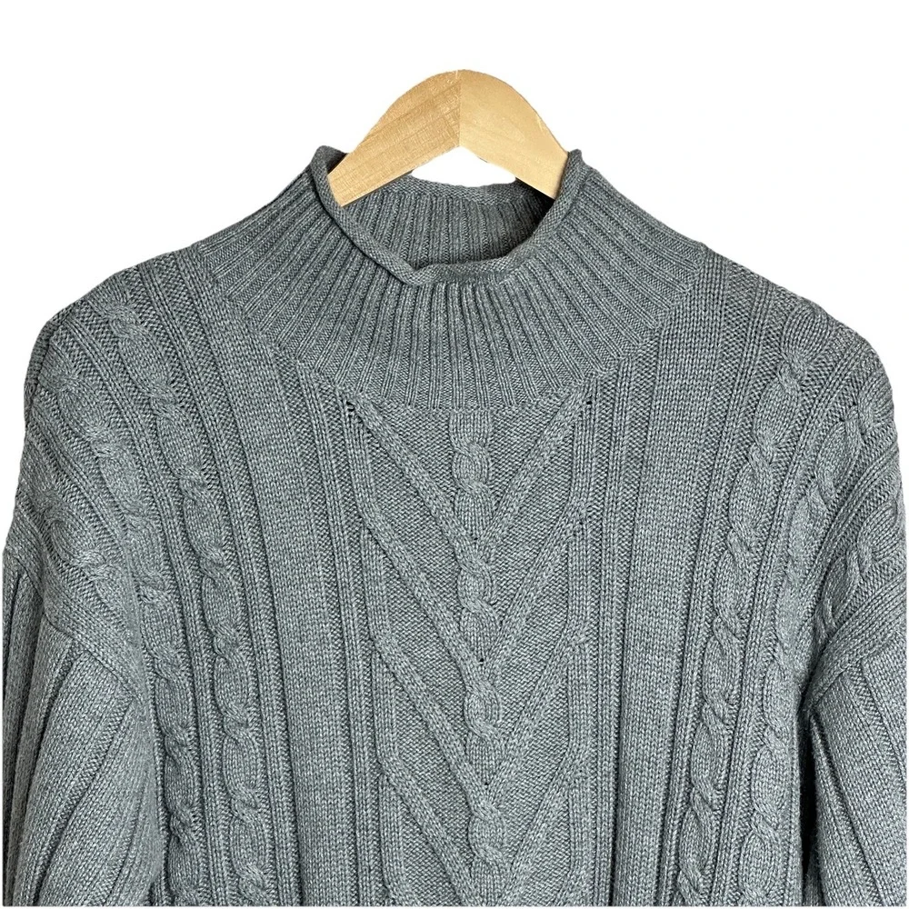 J. Crew Womens XL Gray Cable Knit Sweater Mock Neck Long Sleeve Cotton Pullover - Picture 2 of 7
